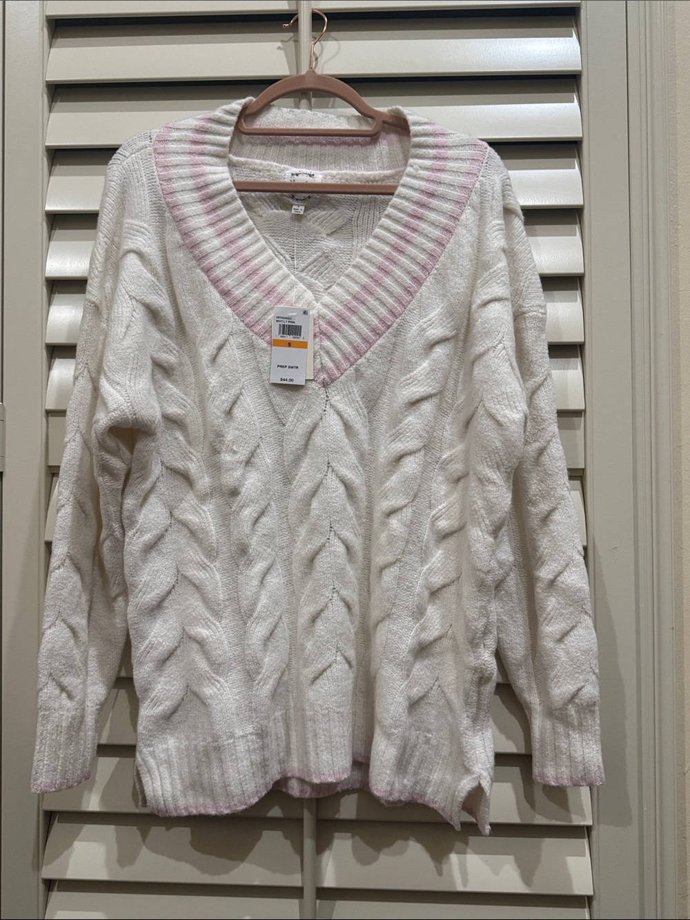 Hippie Rose Cable Knit V-Neck Sweater with Pink Trim